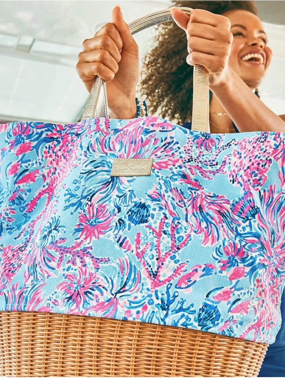 Lilly Pulitzer Canvas Wicker RARE Beach Tote Bag - Picture 7 of 15